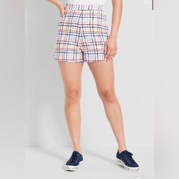 Modcloth High Waist Party Streamers Shorts Blue Pink Rainbow Plaid 12 NWT - Picture 4 of 12